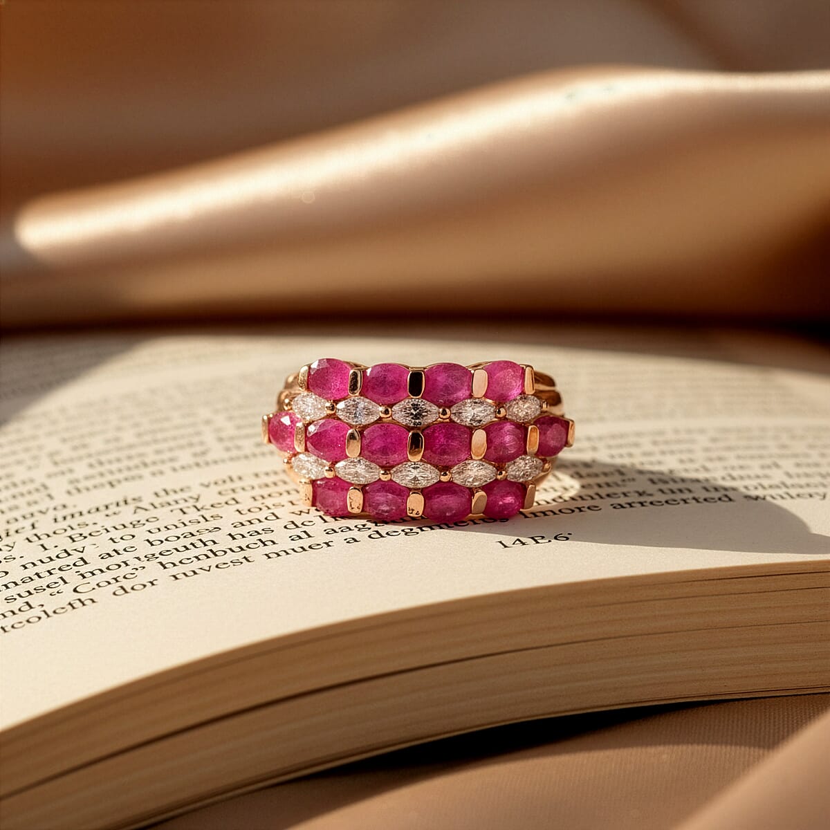 D'Joy Premium Niassa Ruby (FF), Moissanite Bloom Symphony Ring in 18K Vermeil RG Over Sterling Silver (Size 10.0) 4.60 ctw image number 1