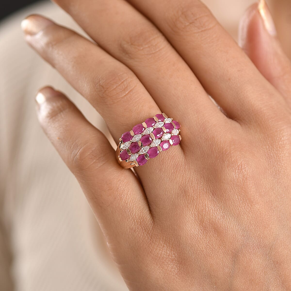 D'Joy Premium Niassa Ruby (FF) and Moissanite 4.60 ctw Bloom Symphony Ring in 18K Vermeil Rose Gold Over Sterling Silver (Size 10.0) image number 2