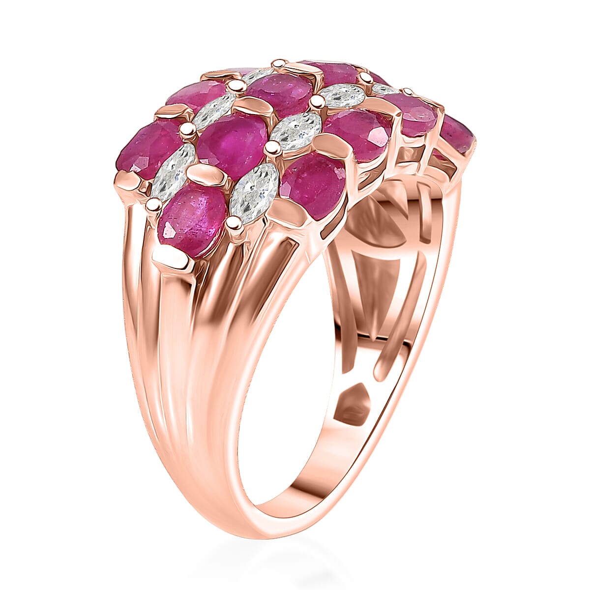 D'Joy Premium Niassa Ruby (FF), Moissanite Bloom Symphony Ring in 18K Vermeil RG Over Sterling Silver (Size 10.0) 4.60 ctw image number 2