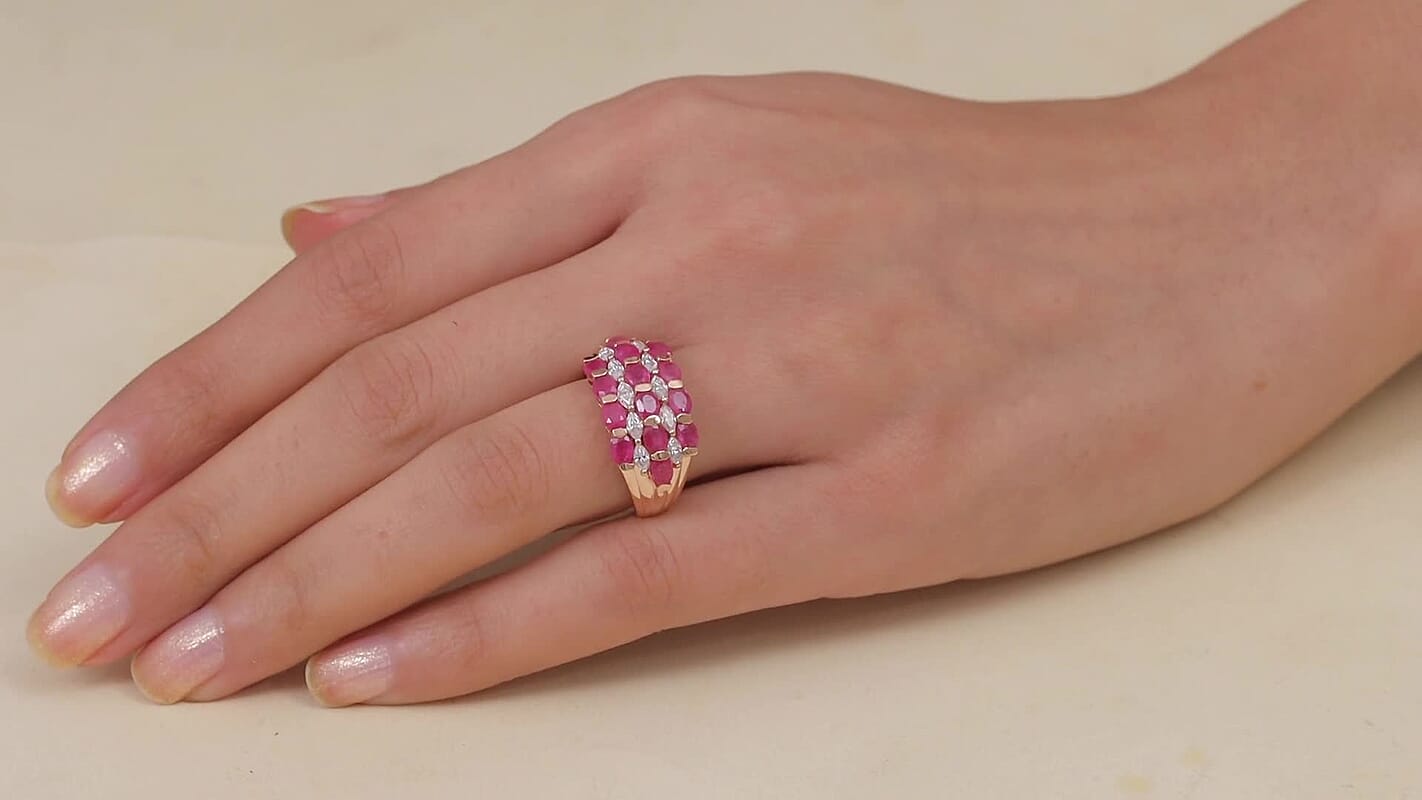 D'Joy Premium Niassa Ruby (FF), Moissanite Bloom Symphony Ring in 18K Vermeil RG Over Sterling Silver (Size 10.0) 4.60 ctw