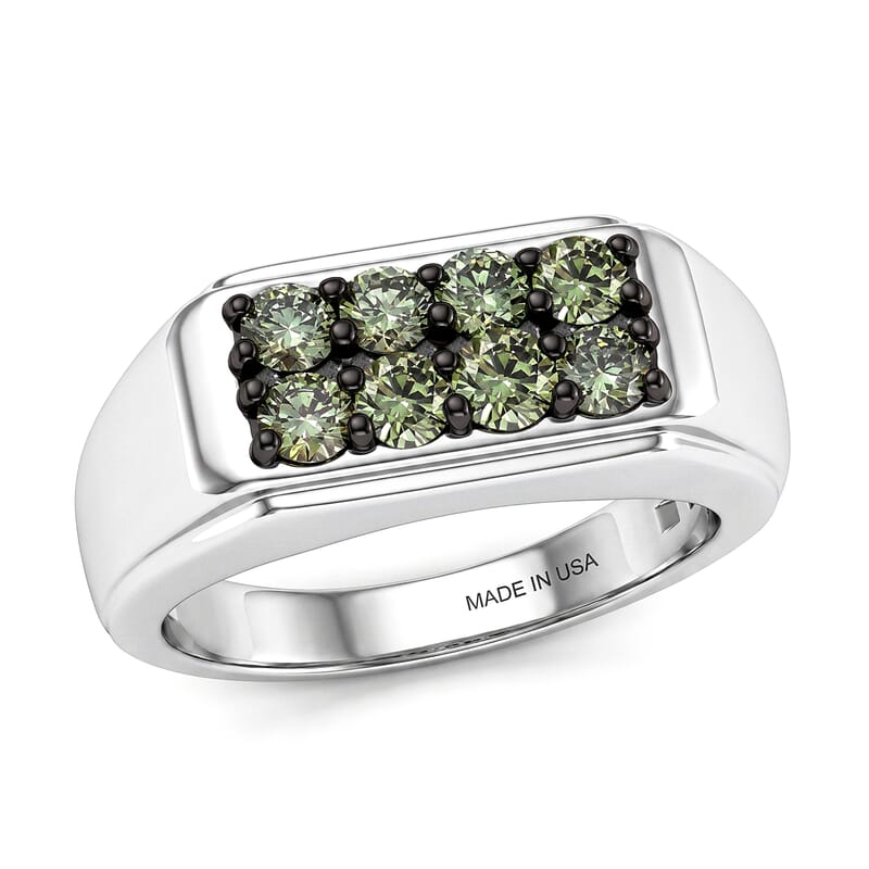 Luxuriant Lab Grown Green Diamond (IR) (SI) 1.20 ctw Regal Green Signet Men's Ring in Rhodium Over Sterling Silver (Size 10.0)