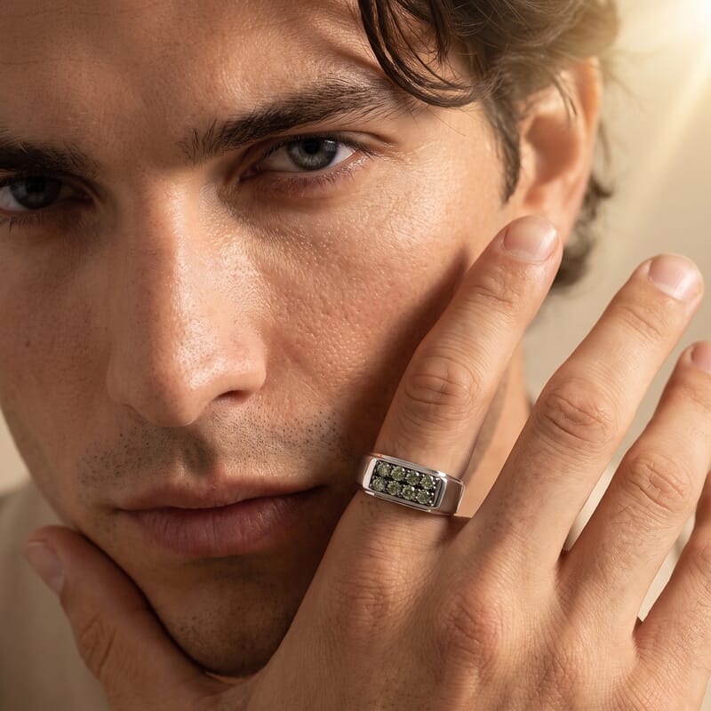 Luxuriant Lab Grown Green Diamond (IR) (SI) 1.20 ctw Regal Green Signet Men's Ring in Rhodium Over Sterling Silver (Size 10.0)