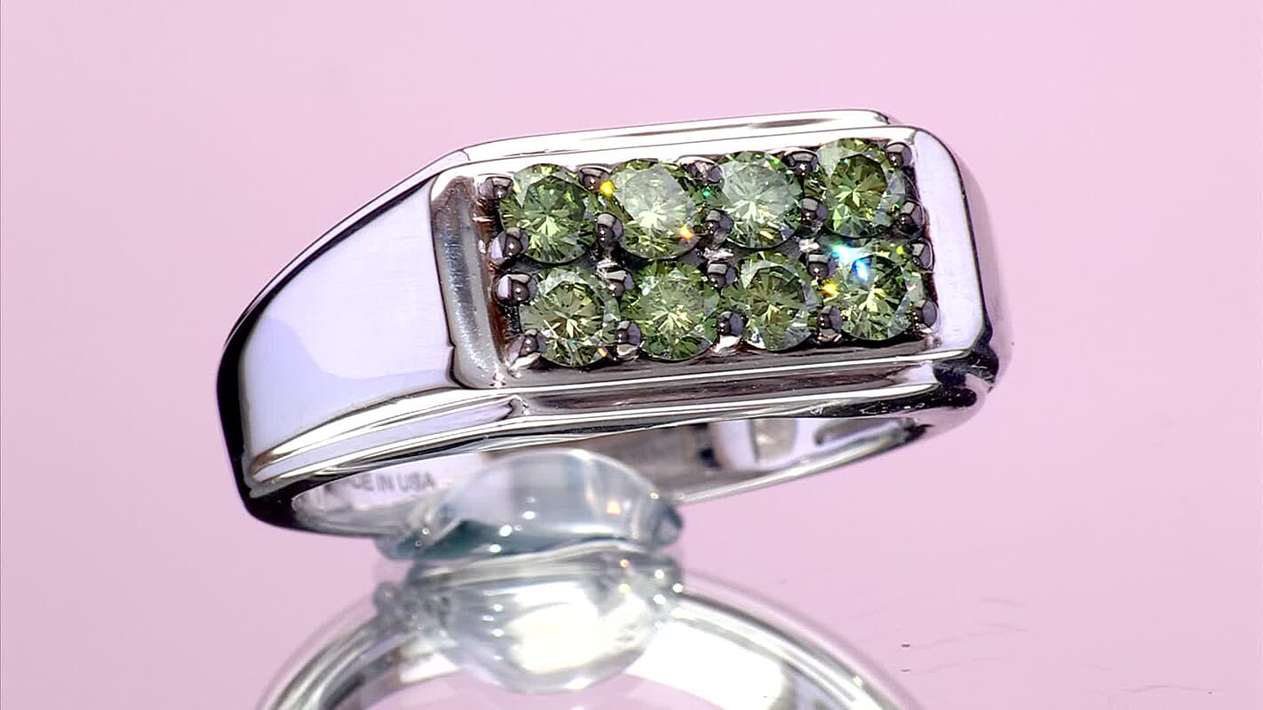 Luxuriant Lab Grown Green Diamond (IR) (SI) Regal Green Signet Men's Ring in Rhodium Over Sterling Silver (Size 10.0) 1.20 ctw