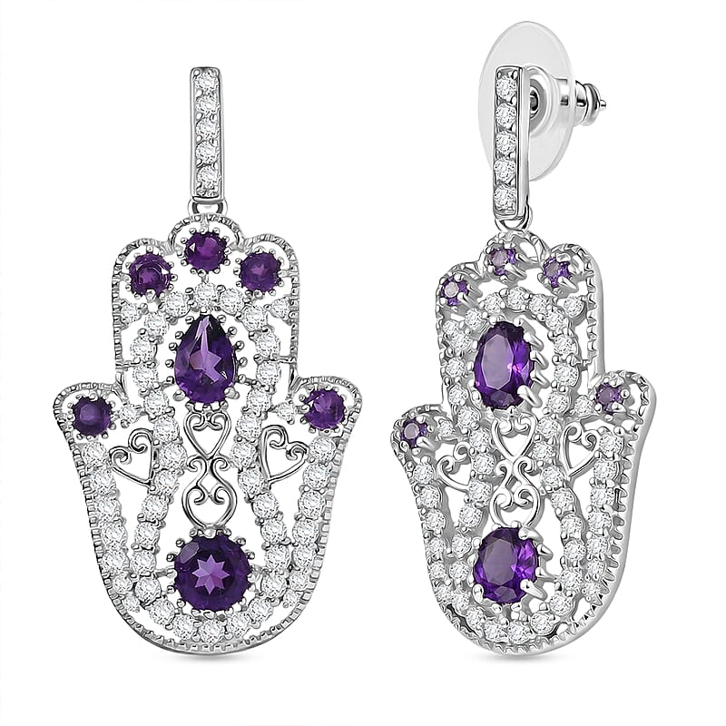 D'Joy Passport to Israel Premium African Amethyst and White Zircon 4.10 ctw Earrings in Rhodium Over Sterling Silver