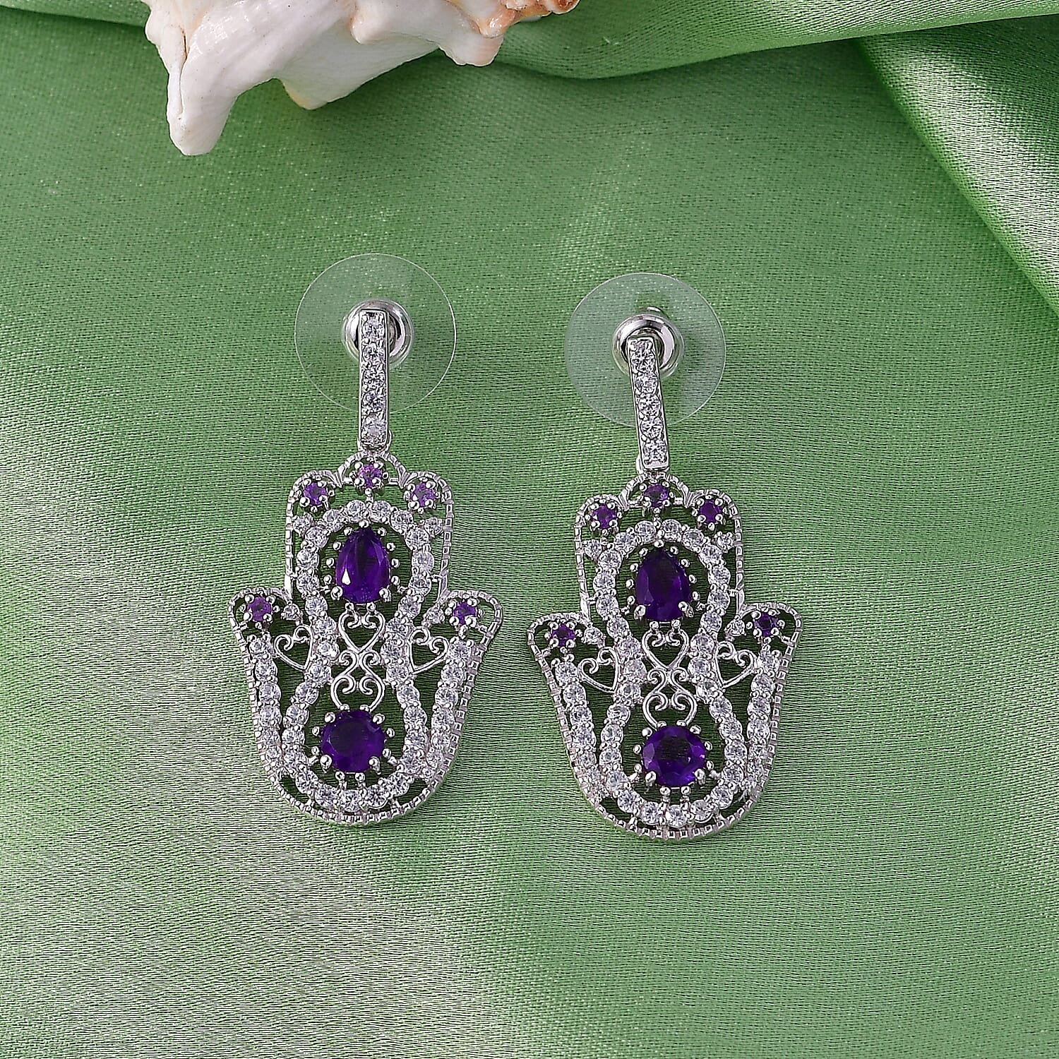D'Joy Passport to Israel Premium African Amethyst and White Zircon 4.10 ctw Earrings in Rhodium Over Sterling Silver