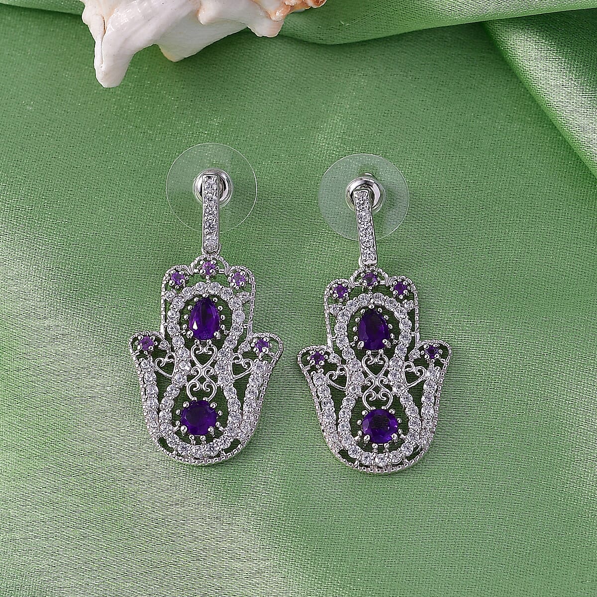 D'Joy Passport to Israel Premium African Amethyst and White Zircon 4.10 ctw Earrings in Rhodium Over Sterling Silver image number 1