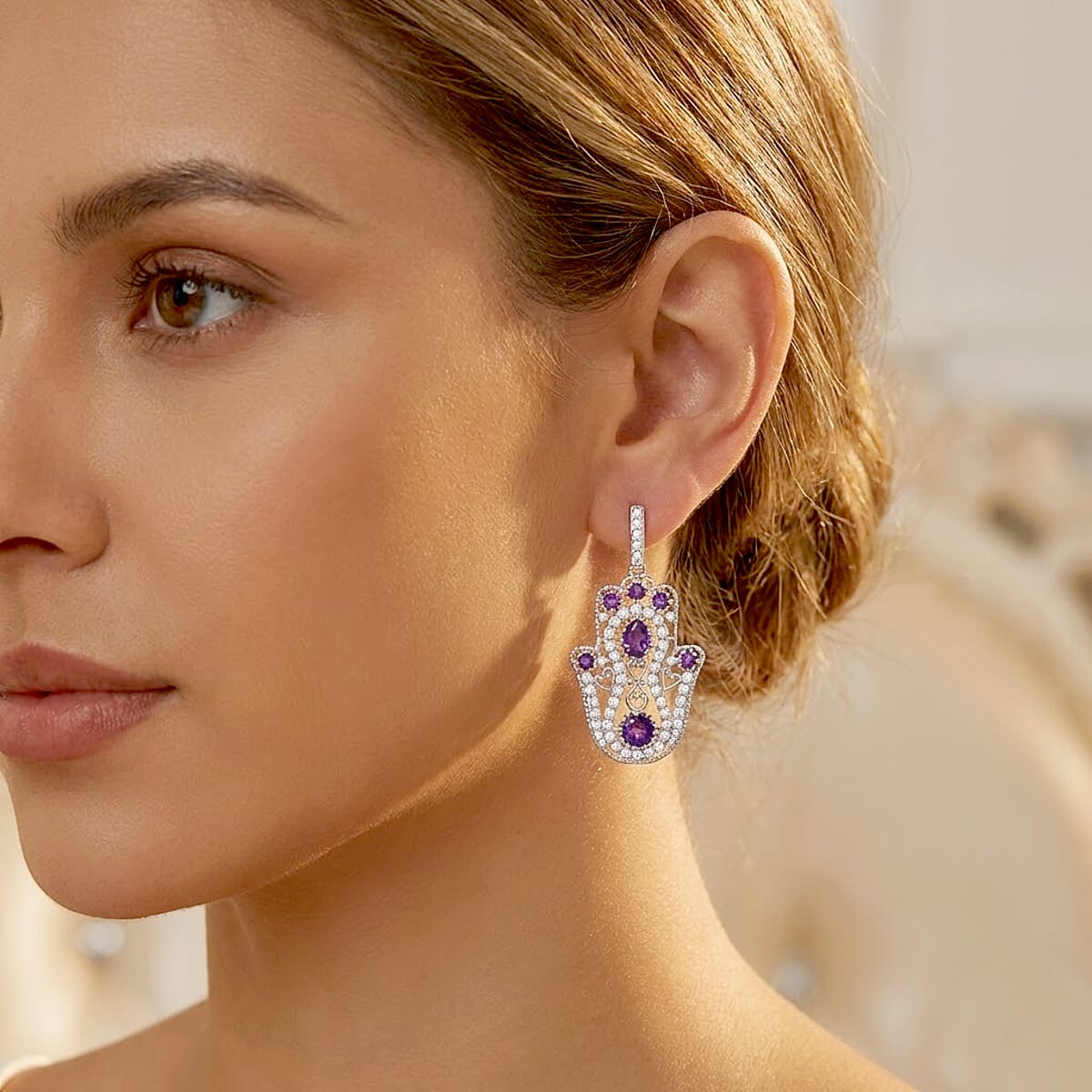D'Joy Passport to Israel Premium African Amethyst and White Zircon 4.10 ctw Earrings in Rhodium Over Sterling Silver image number 2
