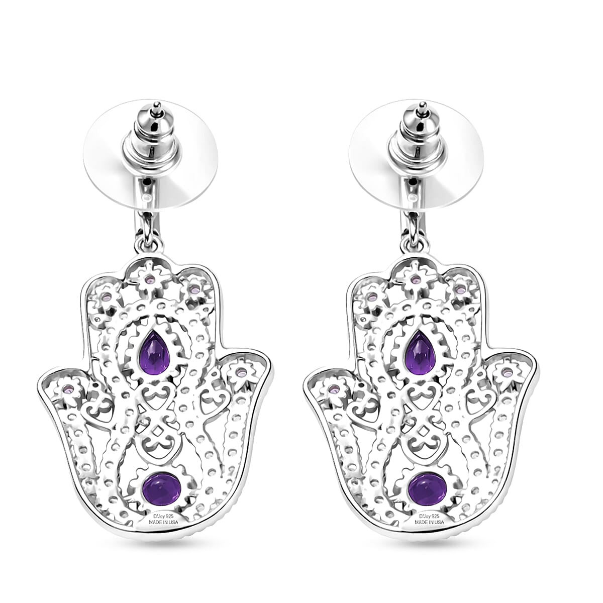 D'Joy Passport to Israel Premium African Amethyst and White Zircon 4.10 ctw Earrings in Rhodium Over Sterling Silver image number 4