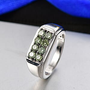 Luxuriant Lab Grown Green Diamond (IR) (SI) 1.20 ctw Regal Green Signet Men's Ring in Rhodium Over Sterling Silver (Size 11.0)