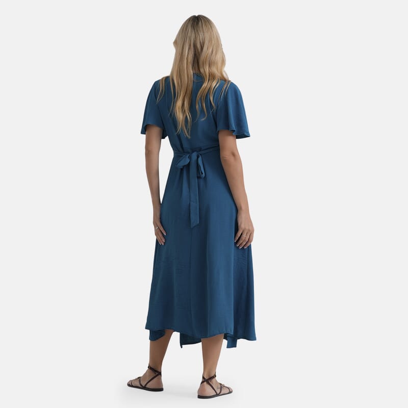 LA Marey Teal Flutter Sleeve Wrap Dress - One Size Plus