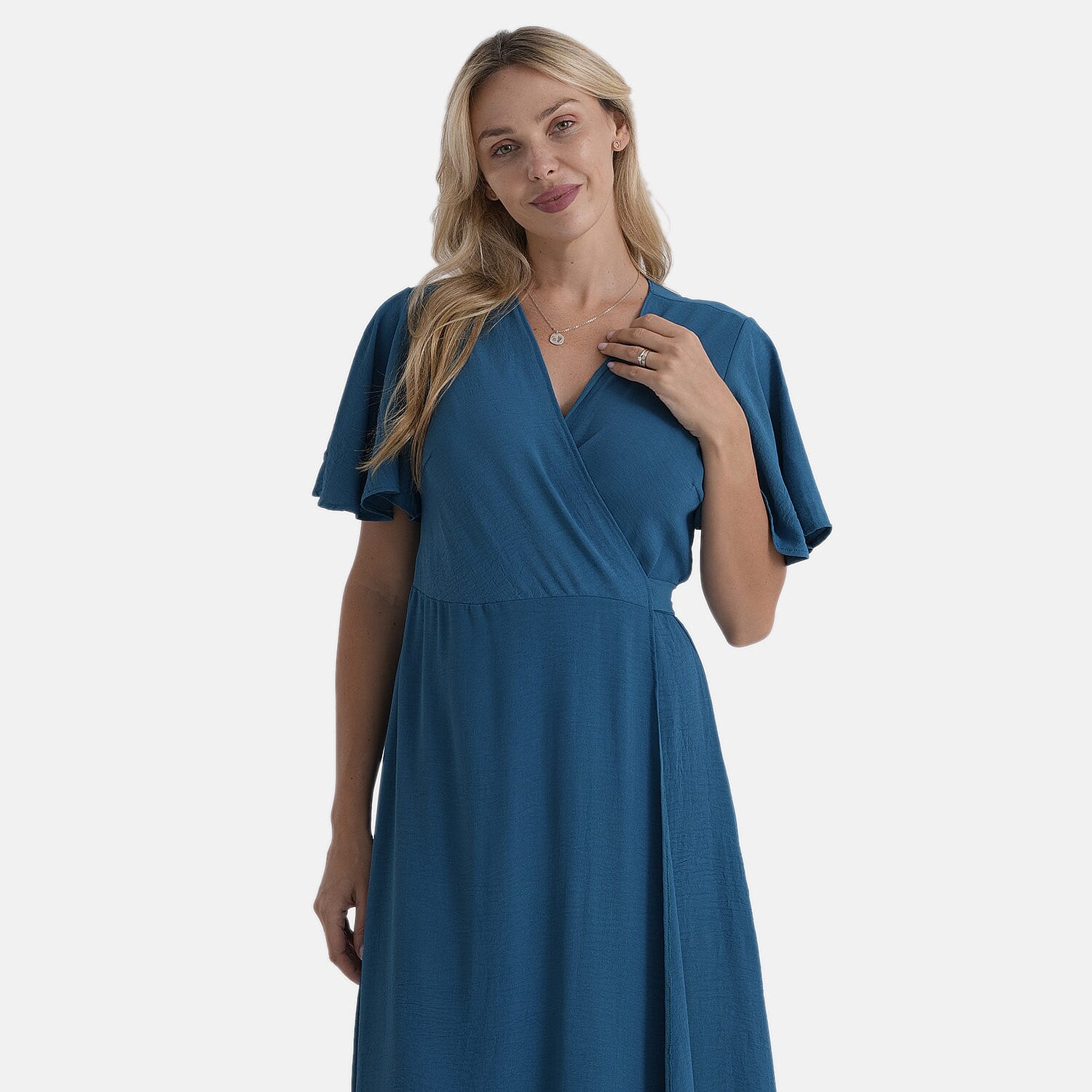 LA Marey Teal Flutter Sleeve Wrap Dress - One Size Plus