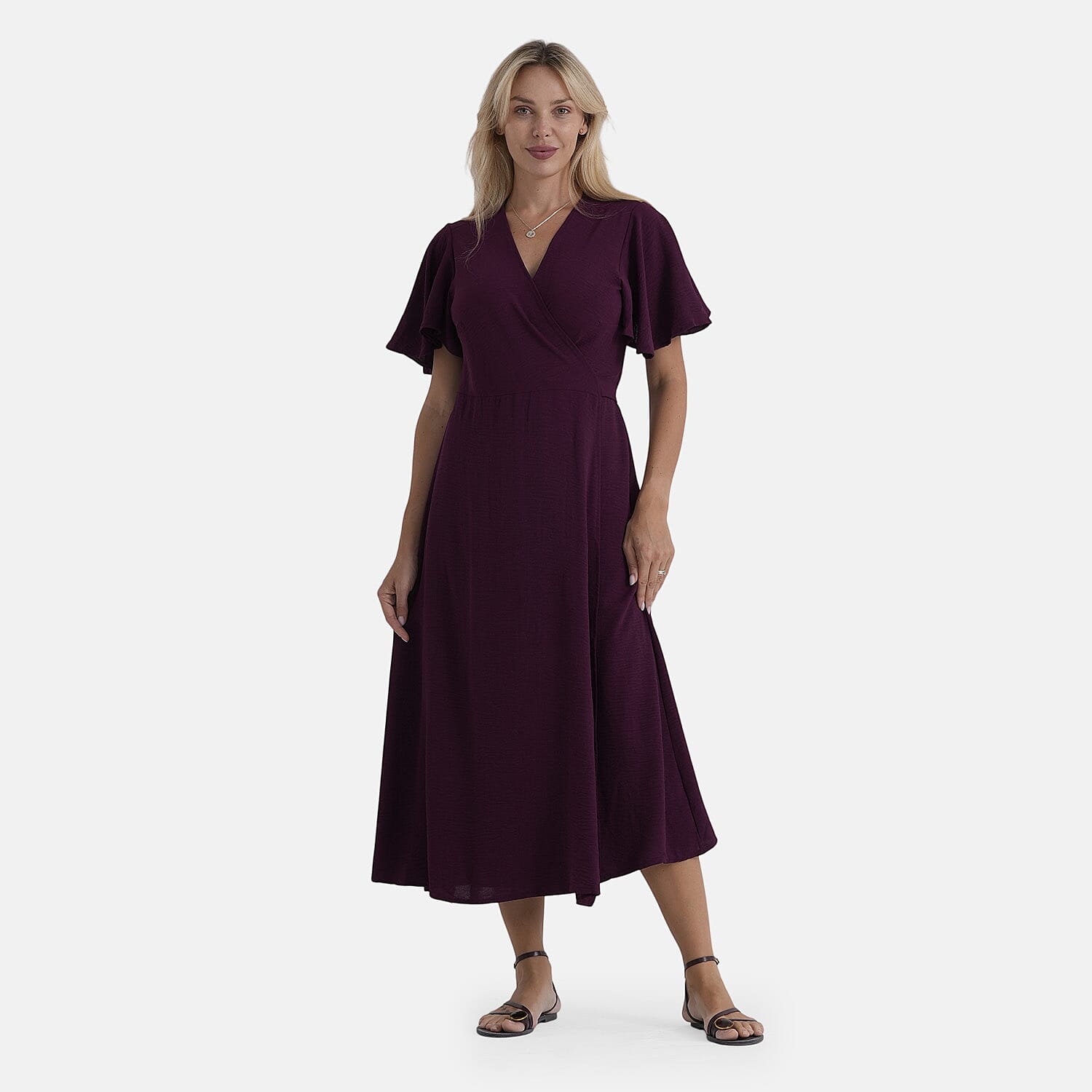 LA Marey Purple Flutter Sleeve Wrap Dress - One Size Plus