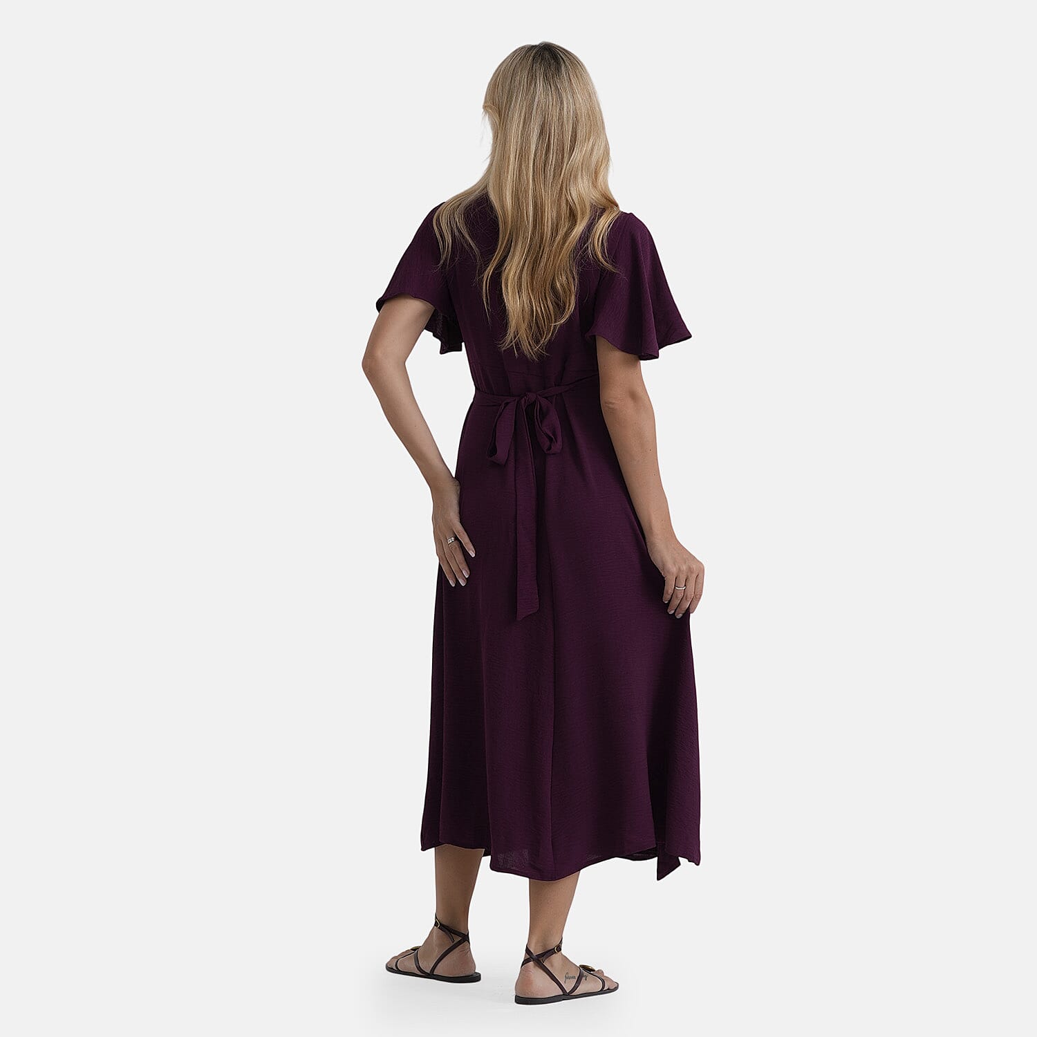 LA Marey Purple Flutter Sleeve Wrap Dress - One Size Plus