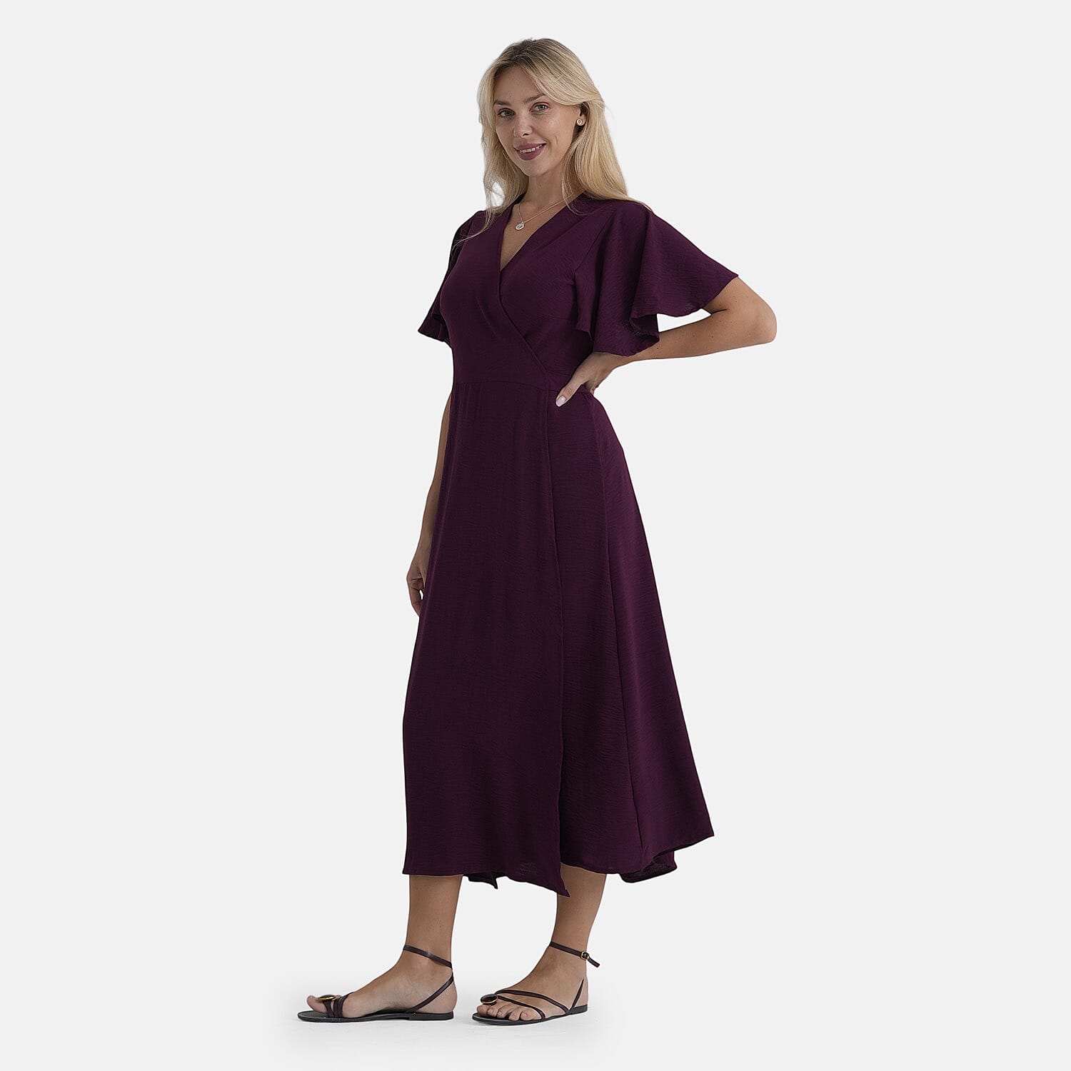 LA Marey Purple Flutter Sleeve Wrap Dress - One Size Plus