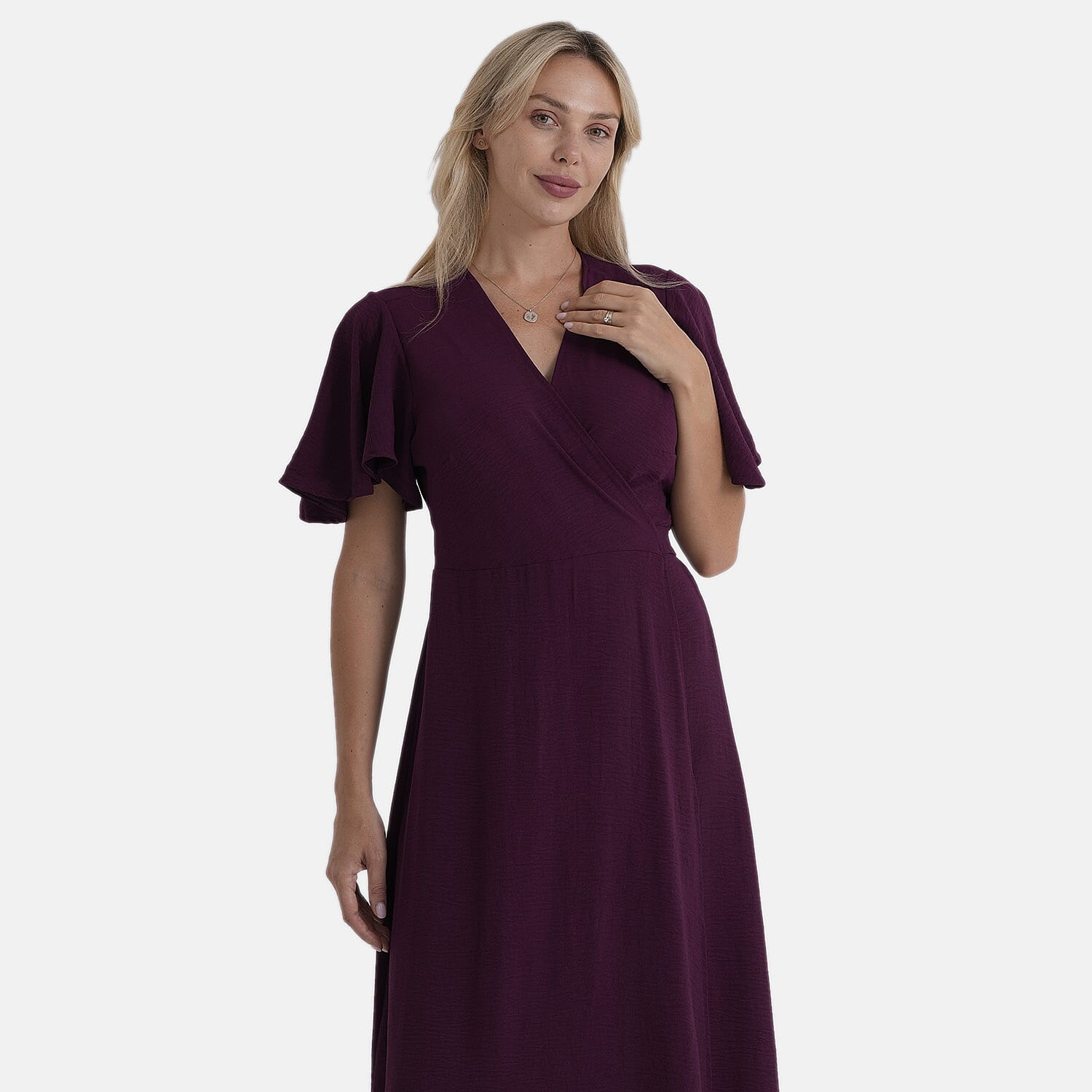 LA Marey Purple Flutter Sleeve Wrap Dress - One Size Plus