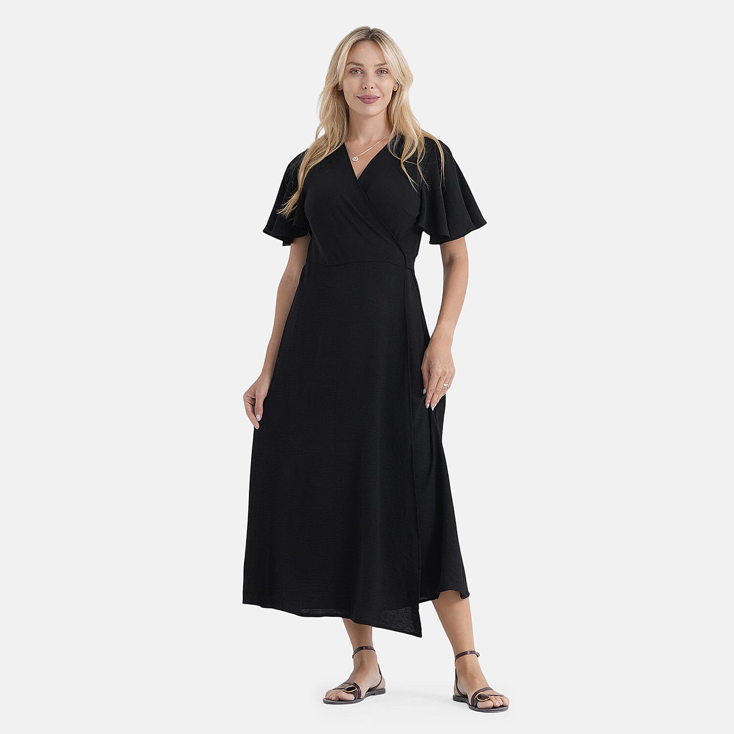 LA Marey Black Flutter Sleeve Wrap Dress - One Size Plus
