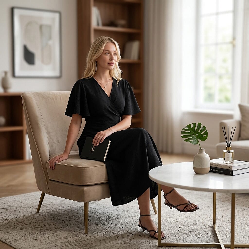 LA Marey Black Flutter Sleeve Wrap Dress - One Size Plus