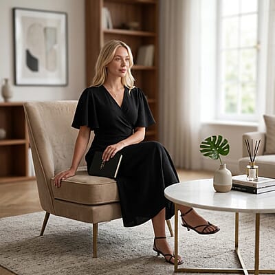 LA Marey Black Flutter Sleeve Wrap Dress - One Size Plus