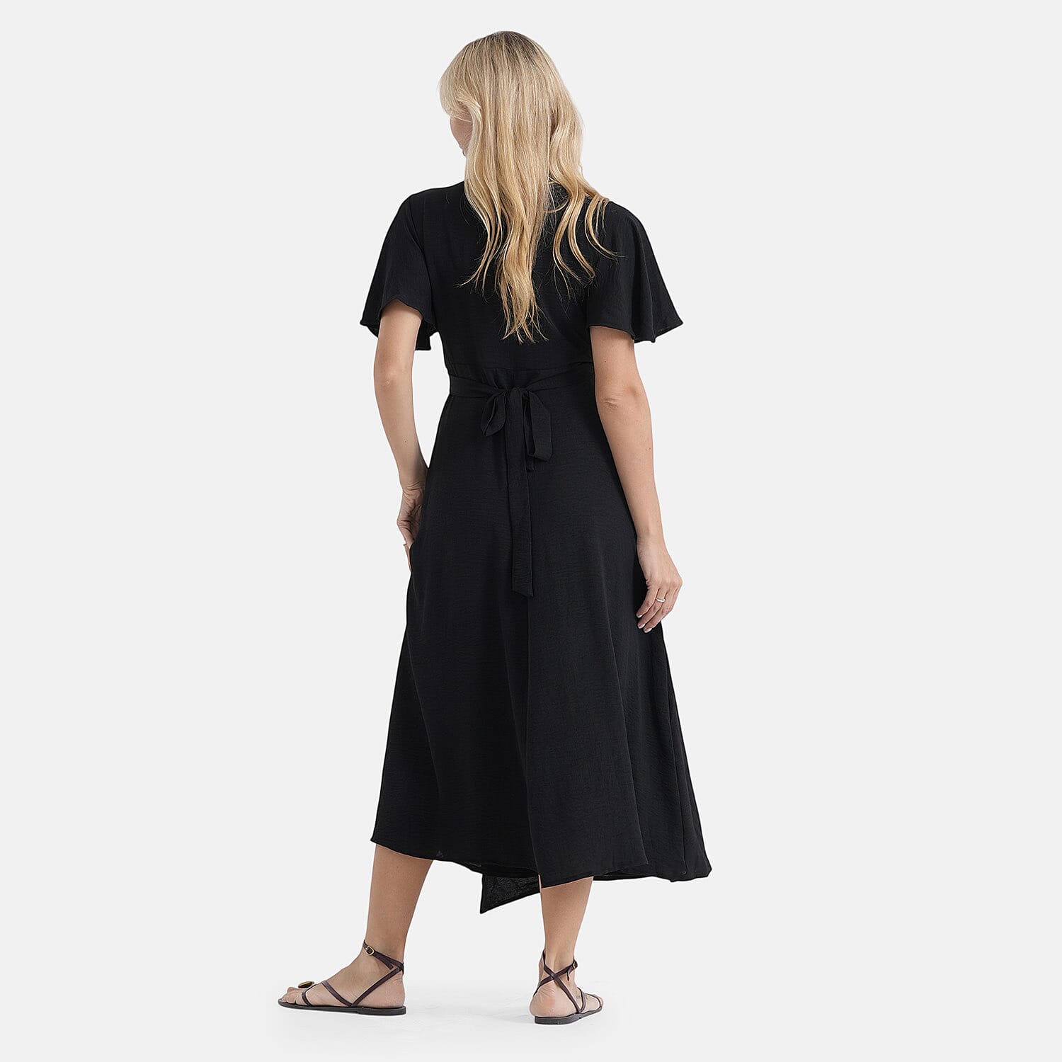 LA Marey Black Flutter Sleeve Wrap Dress - One Size Plus