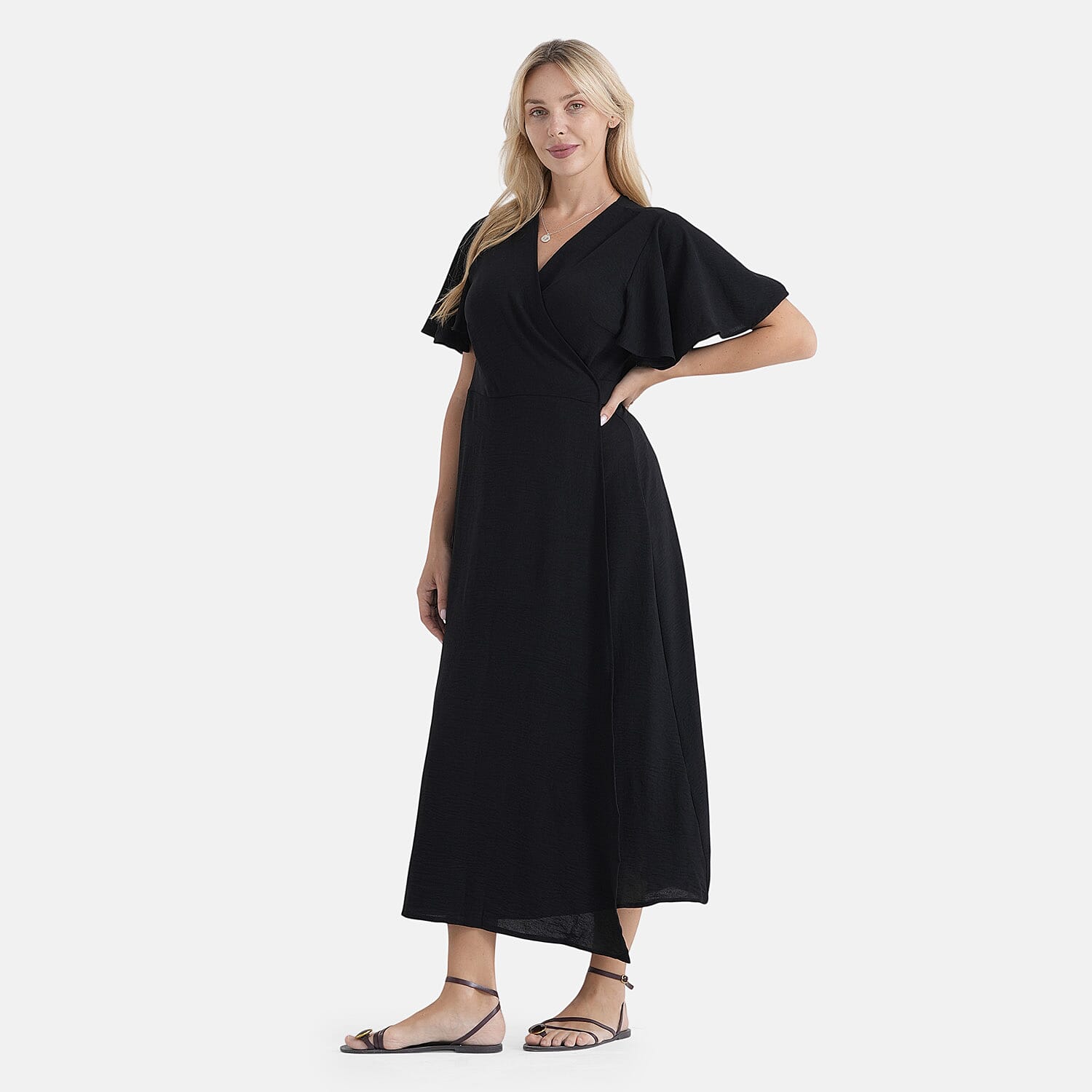 LA Marey Black Flutter Sleeve Wrap Dress - One Size Plus