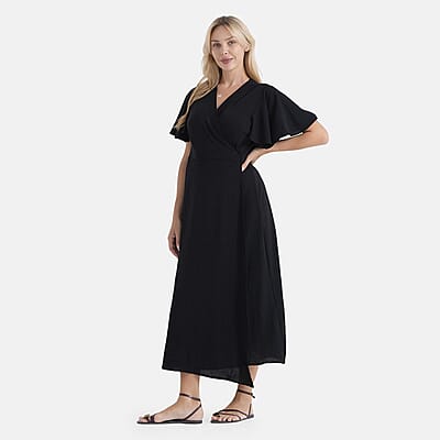 LA Marey Black Flutter Sleeve Wrap Dress - One Size Plus