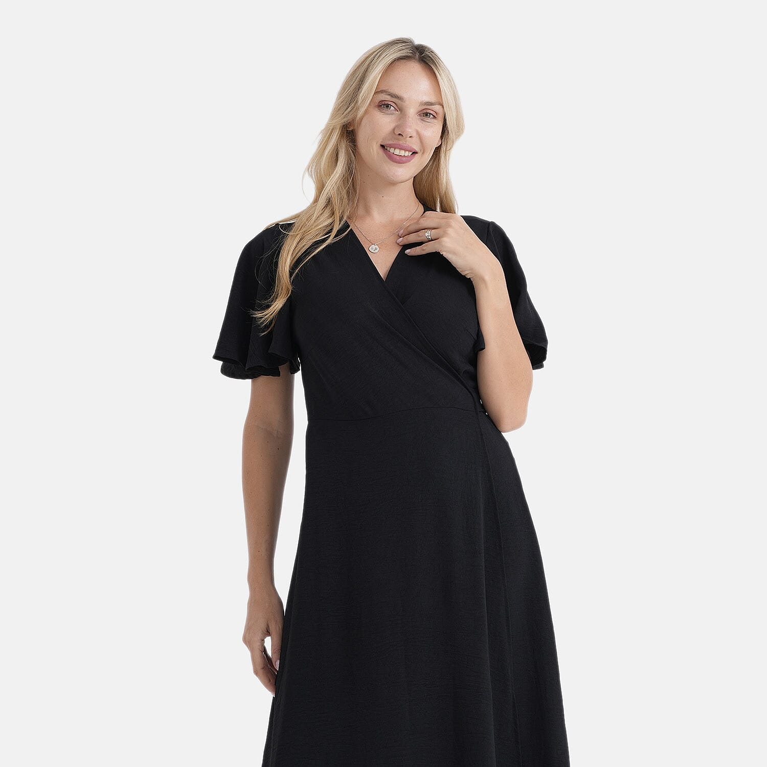 LA Marey Black Flutter Sleeve Wrap Dress - One Size Plus