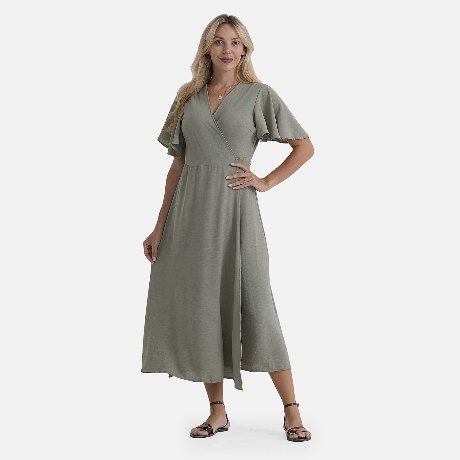 LA Marey Green Flutter Sleeve Wrap Dress - One Size Missy