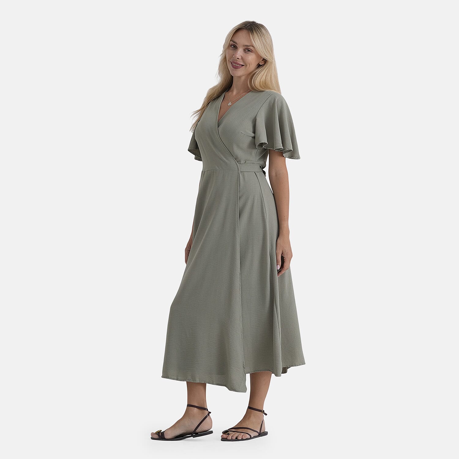 LA Marey Green Flutter Sleeve Wrap Dress - One Size Missy