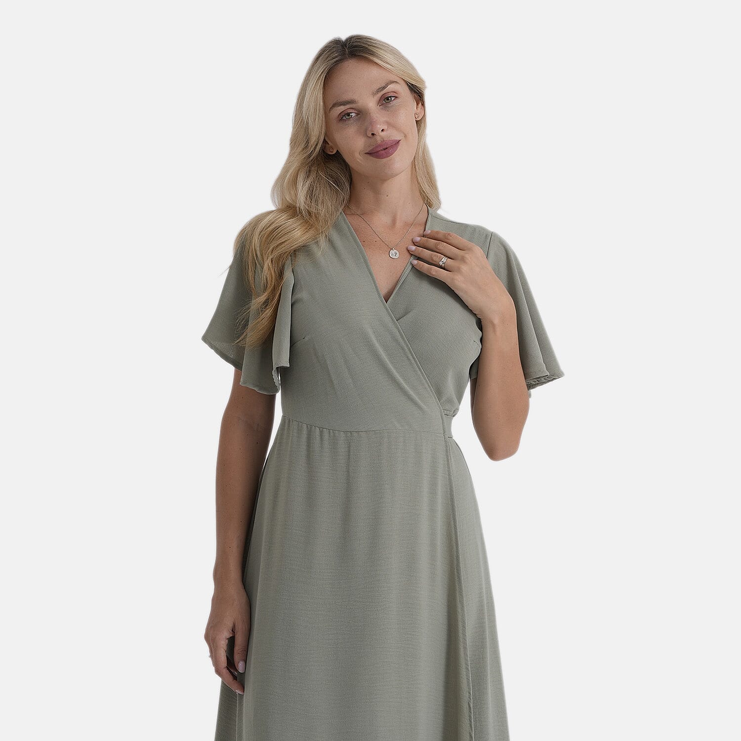 LA Marey Green Flutter Sleeve Wrap Dress - One Size Missy