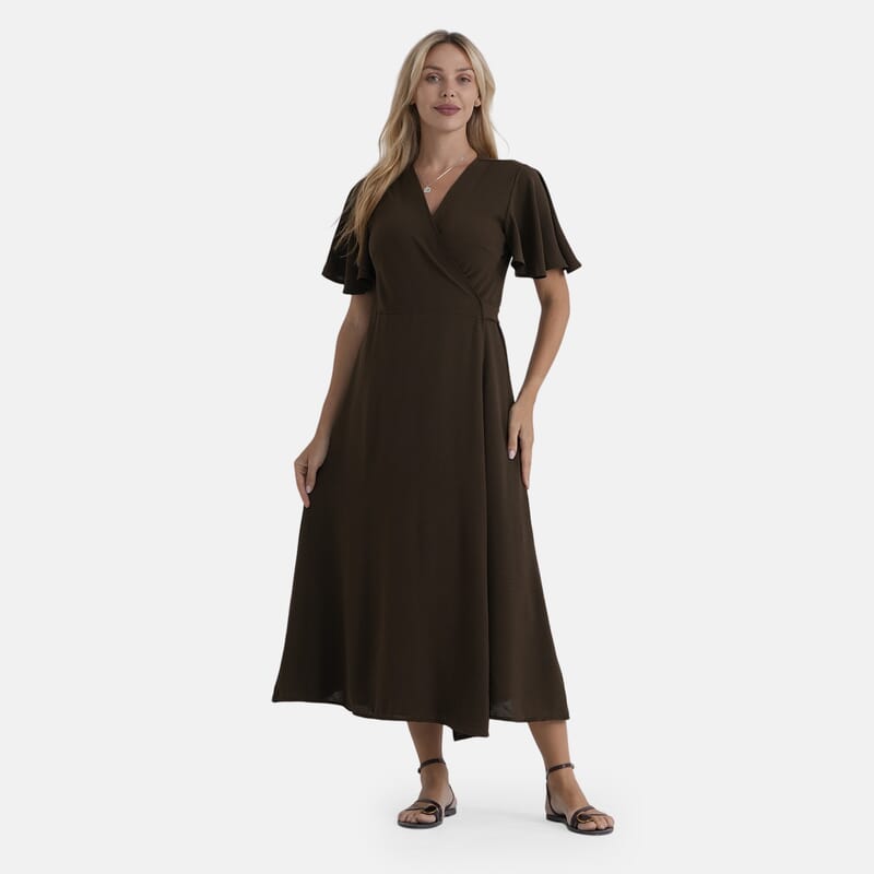 LA Marey Olive Brown Flutter Sleeve Wrap Dress - One Size Missy