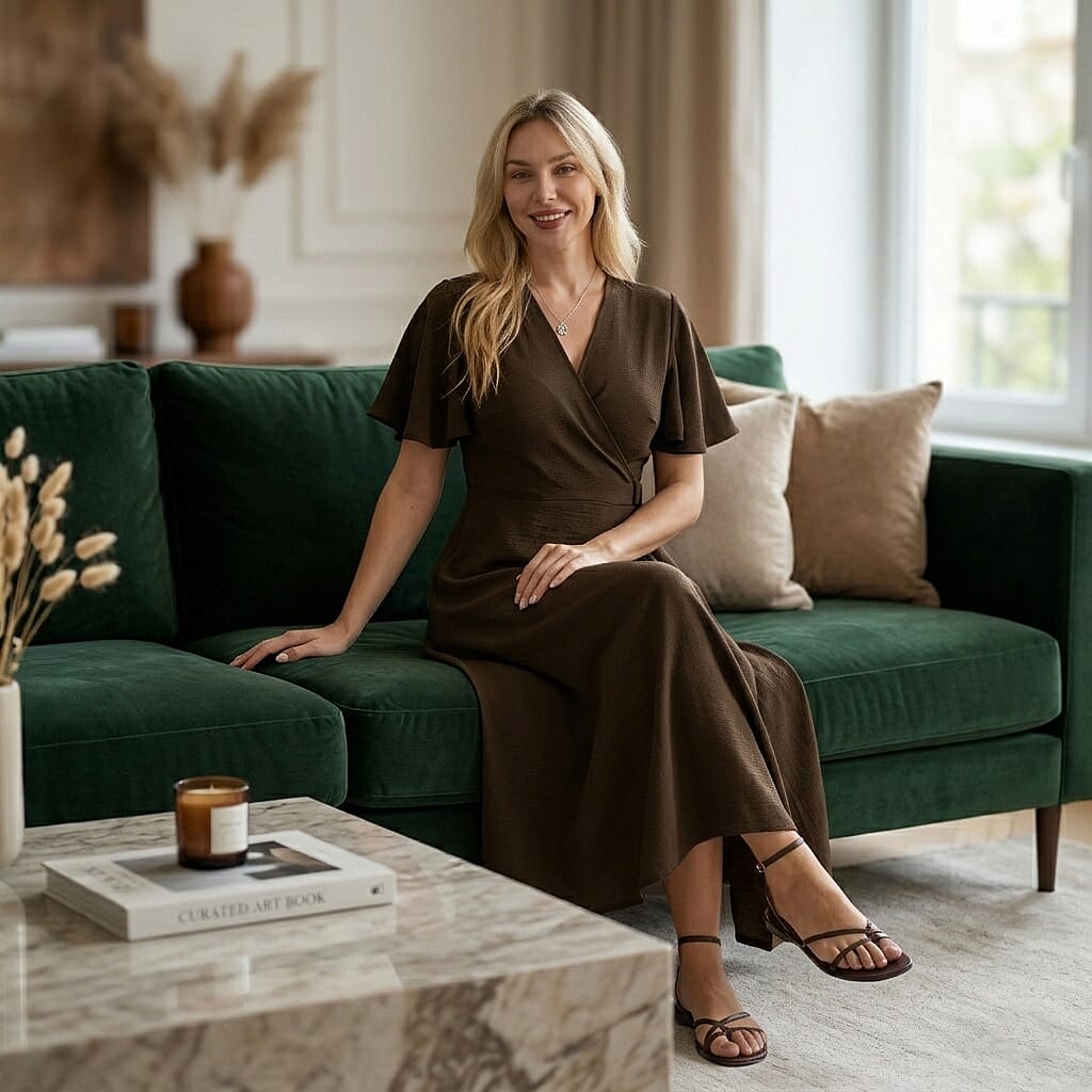 LA Marey Olive Brown Flutter Sleeve Wrap Dress - One Size Missy