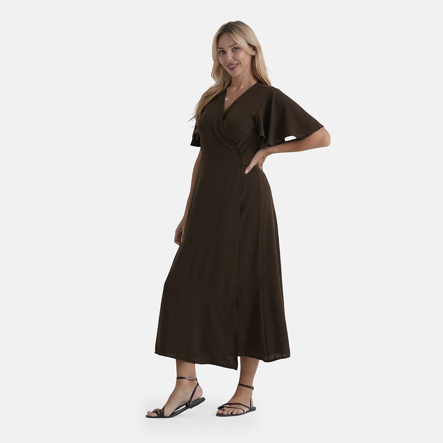 LA Marey Olive Brown Flutter Sleeve Wrap Dress - One Size Missy