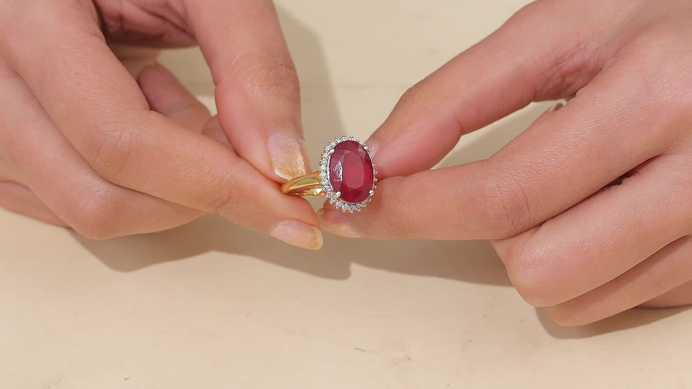 Premium Niassa Ruby (FF), Luxuriant Lab Grown Diamond (G-H, SI) (0.20 cts) Halo Ring in 18K Vermeil YG Over Sterling Silver (Size 17.0) 8.00 ctw