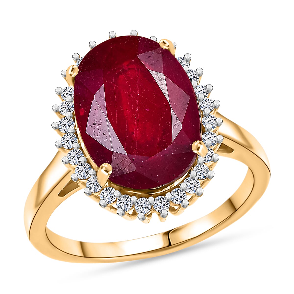 Premium Niassa Ruby (FF) and Luxuriant Lab Grown Diamond G-H SI 8.00 ctw Halo Ring in 18K Vermeil Yellow Gold Over Sterling Silver (Size 18.0) image number 3