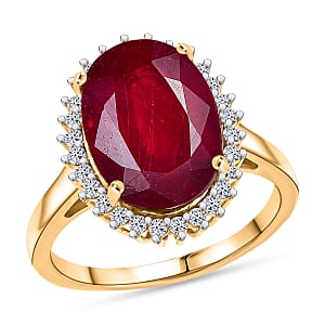 Premium Niassa Ruby (FF) and Luxuriant Lab Grown Diamond G-H SI 8.00 ctw Halo Ring in 18K Vermeil Yellow Gold Over Sterling Silver (Size 18.0)