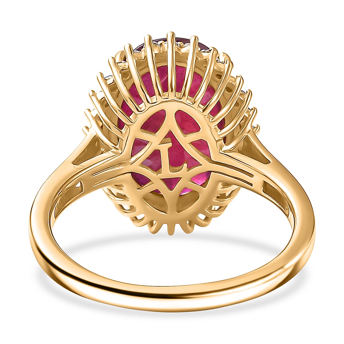 Premium Niassa Ruby (FF) and Luxuriant Lab Grown Diamond G-H SI 8.00 ctw Halo Ring in 18K Vermeil Yellow Gold Over Sterling Silver (Size 18.0)
