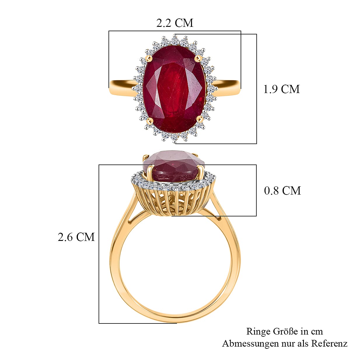 Premium Niassa Ruby (FF) and Luxuriant Lab Grown Diamond G-H SI 8.00 ctw Halo Ring in 18K Vermeil Yellow Gold Over Sterling Silver (Size 18.0)