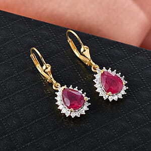 Premium Niassa Ruby (FF) and Luxuriant Lab Grown Diamond G-H SI 6.00 ctw Earrings in 18K Vermeil Yellow Gold Over Sterling Silver