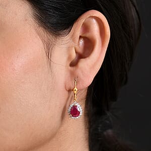 Premium Niassa Ruby (FF) and Luxuriant Lab Grown Diamond G-H SI 6.00 ctw Earrings in 18K Vermeil Yellow Gold Over Sterling Silver