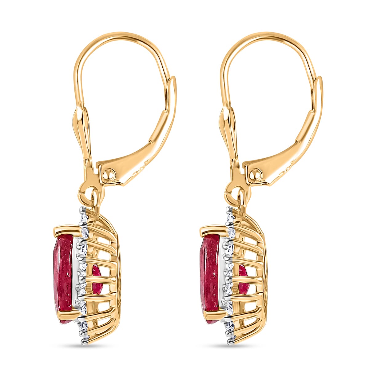Premium Niassa Ruby (FF) and Luxuriant Lab Grown Diamond G-H SI 6.00 ctw Earrings in 18K Vermeil Yellow Gold Over Sterling Silver image number 3