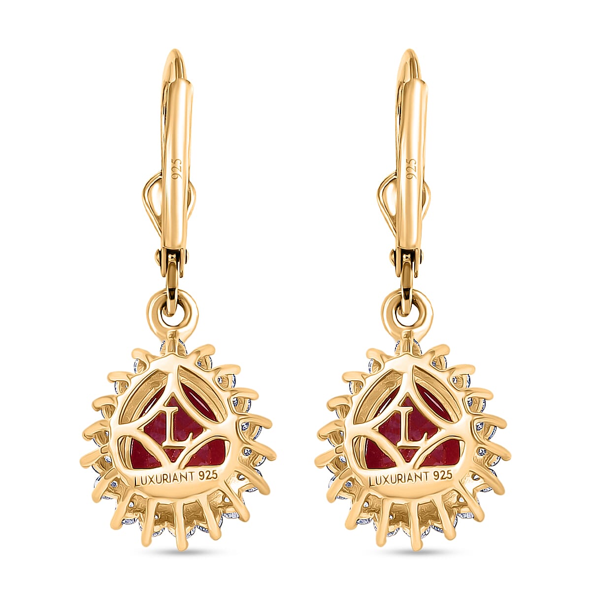 Premium Niassa Ruby (FF) and Luxuriant Lab Grown Diamond G-H SI 6.00 ctw Earrings in 18K Vermeil Yellow Gold Over Sterling Silver image number 4