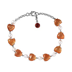 GP Whispers of Murano Style and Pearl Heart Bracelet in Rhodium Over Sterling Silver (7.25 In) (Del. in 8-10 Days)
