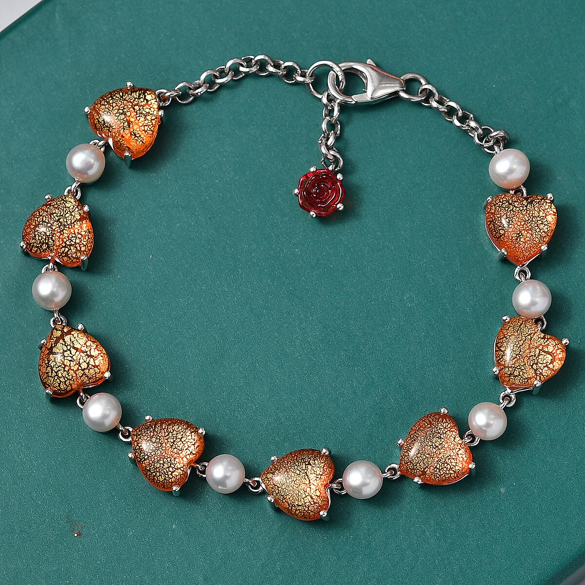 GP Whispers of Murano Style and Pearl Heart Bracelet in Rhodium Over Sterling Silver (7.25 In) (Del. in 8-10 Days) image number 1