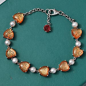 GP Whispers of Murano Style and Pearl Heart Bracelet in Rhodium Over Sterling Silver (7.25 In) (Del. in 8-10 Days)