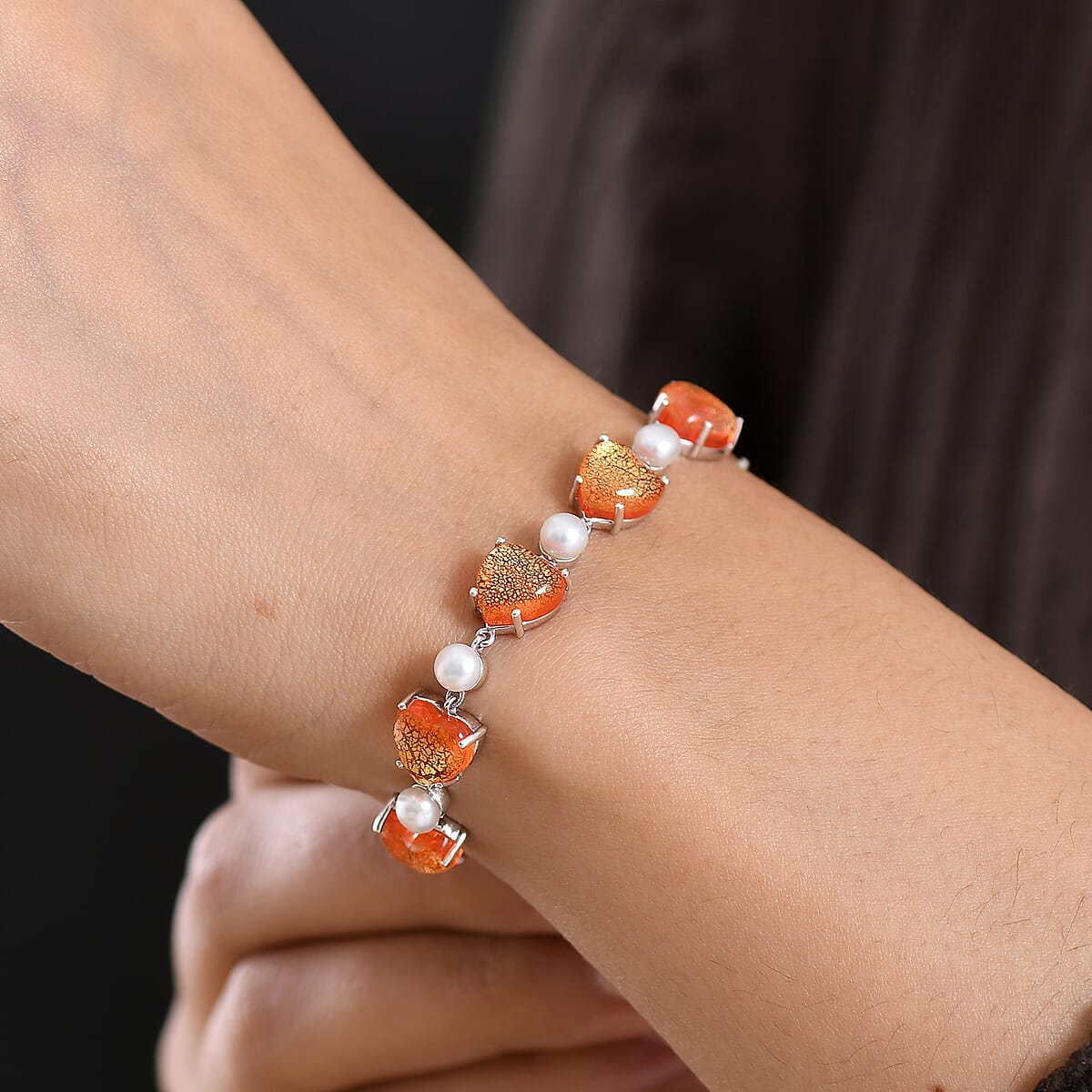 GP Whispers of Murano Style and Pearl Heart Bracelet in Rhodium Over Sterling Silver (7.25 In) (Del. in 8-10 Days) image number 2