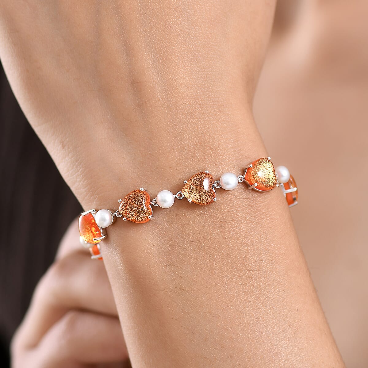 GP Whispers of Murano Style and Pearl Heart Bracelet in Rhodium Over Sterling Silver (7.25 In) (Del. in 8-10 Days) image number 3