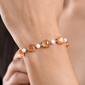 GP Whispers of Murano Style and Pearl Heart Bracelet in Rhodium Over Sterling Silver (7.25 In) (Del. in 8-10 Days)