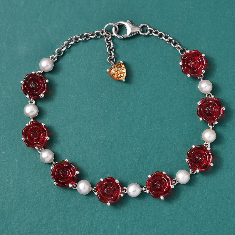 GP Whispers of Murano Glass, Pearl Rose Bracelet in Rhodium Over Sterling Silver (6.50 In)