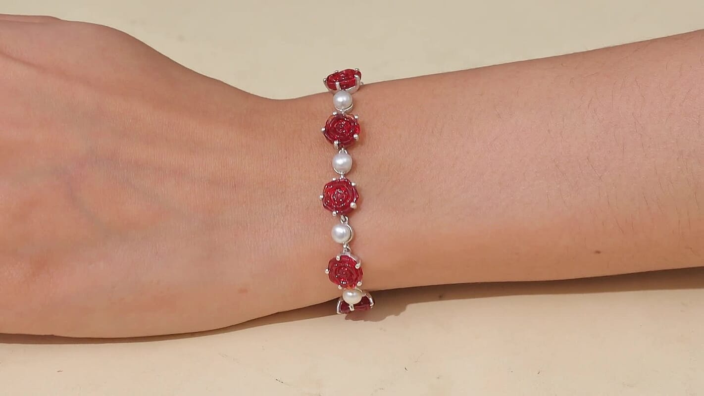 GP Murano Style, Pearl Rose Bracelet in Rhodium Over Sterling Silver (6.50 In)