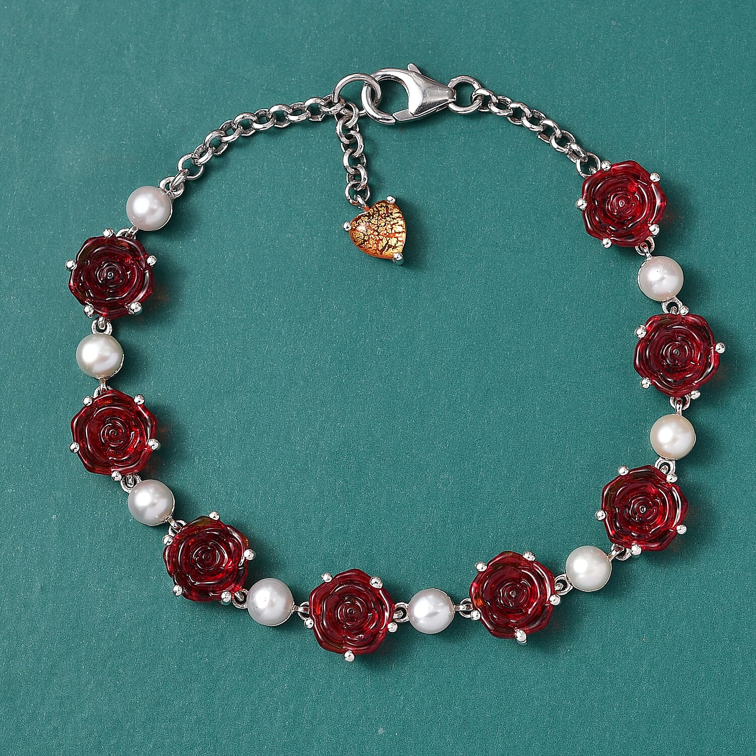 GP Whispers of Murano Glass and Pearl Rose Bracelet in Rhodium Over Sterling Silver (7.25 In)